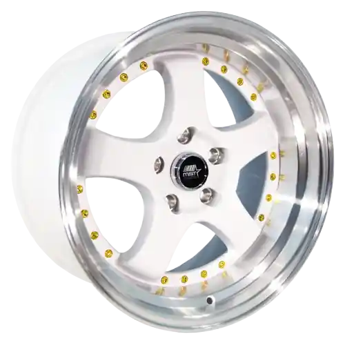MST Wheels MT07 5x114.3 17x9.0 +20 White w/Machined Lip Gold Rivets Cheap
